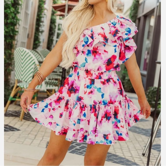 Buddy Love Sofia One Shoulder Ruffle Cocktail Dress Mini-Circus Pink Blue Small - Picture 5 of 13